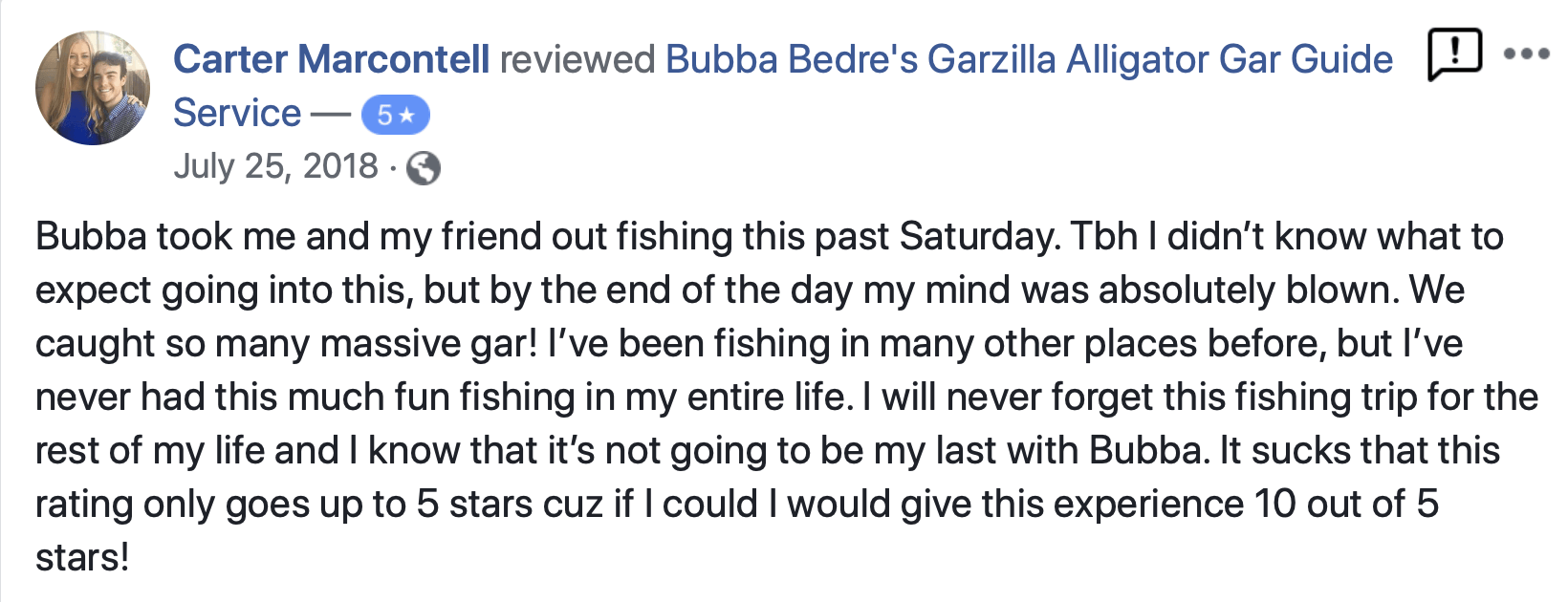 Review of a fishing guide, Buba Bedre, by Carter Marcancell, detailing a positive experience.