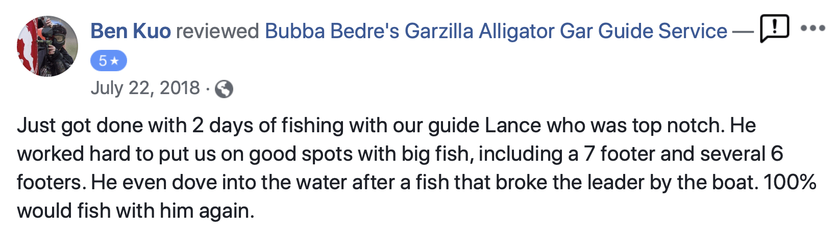 Review of Bubba Bedi's Gorilla Alligator Ga Guido Service. The review mentions fishing with the guide.