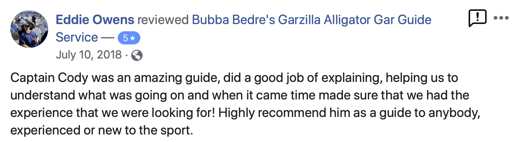 Review of Bubba Bed's Caralia Alligator Bar Dulce by Eddie Owens. Captain Cody was an amazing guide.