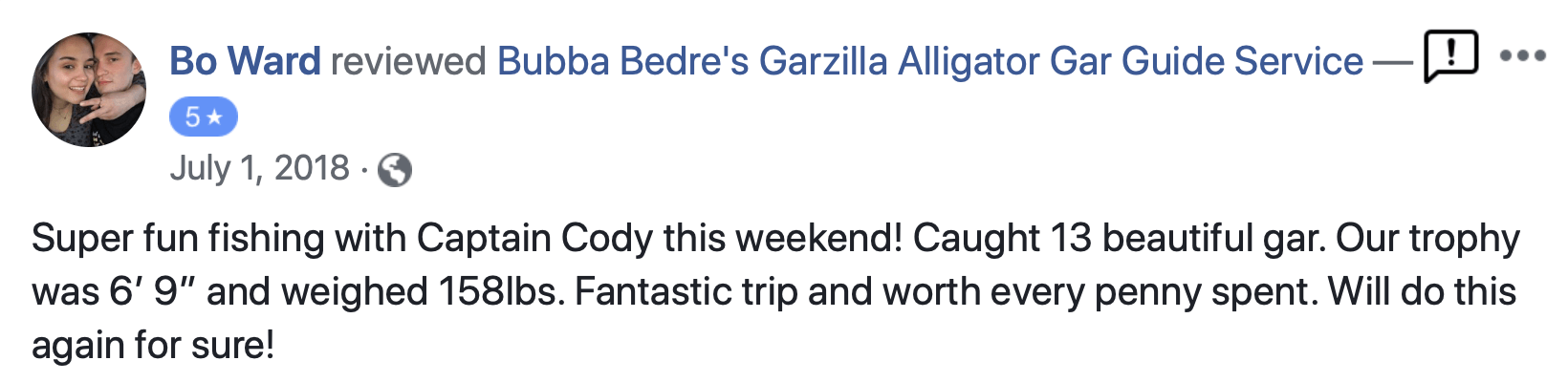 Review of a fishing trip by Bo Ward with details of the catch including weight and Captain Cody.