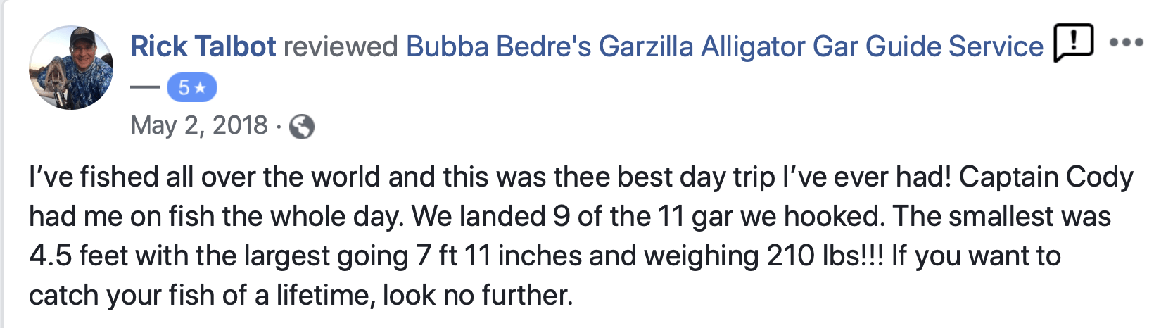 Facebook post: A review praising a fishing guide. Includes a profile picture, date, and a positive testimonial.