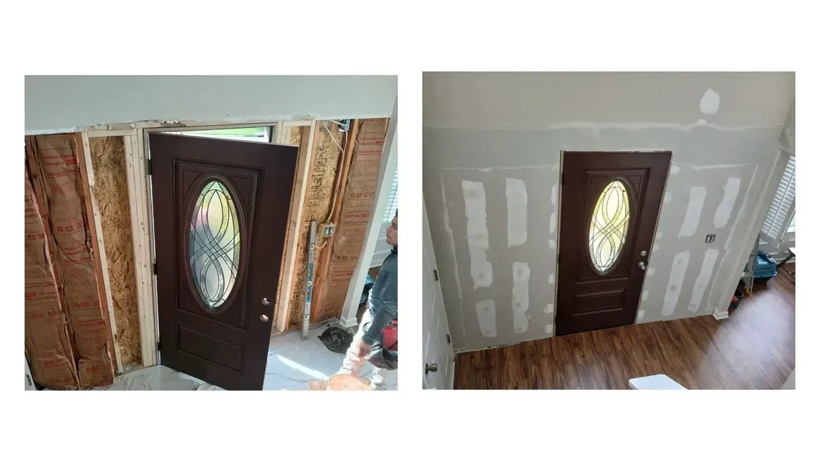 Two-panel photo: door installation. Left shows door frame and exposed studs. Right shows door and partially finished drywall.