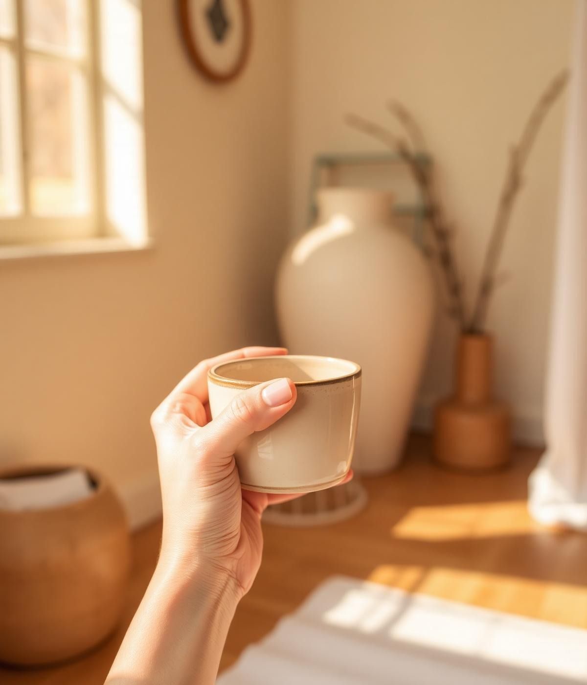 Hands holding a ceramic cup in a warm, sunlit interior