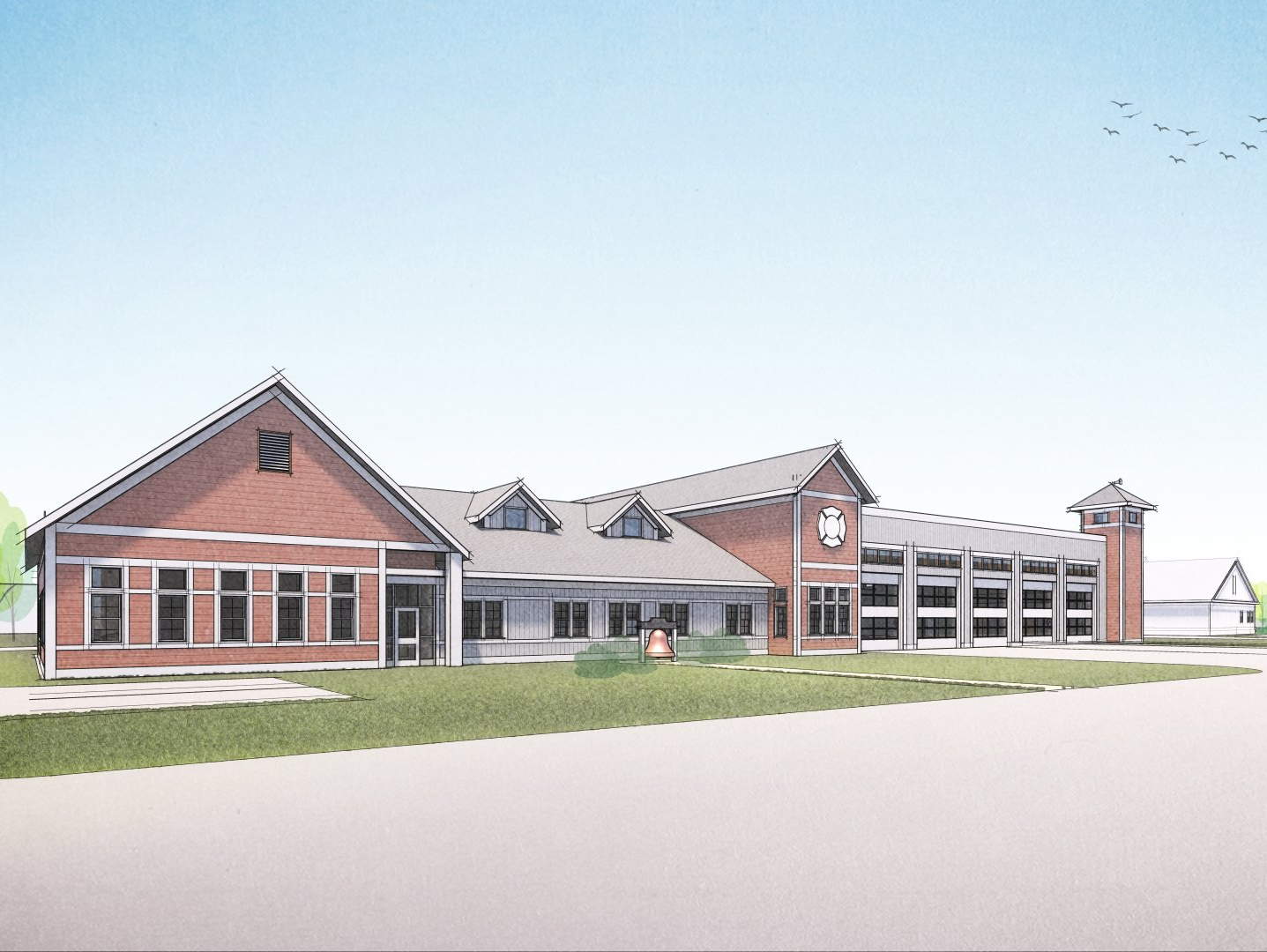 An artist 's impression of a new fire station.