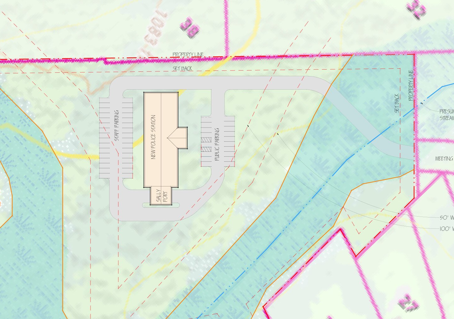 A map of a residential area with a building in the middle