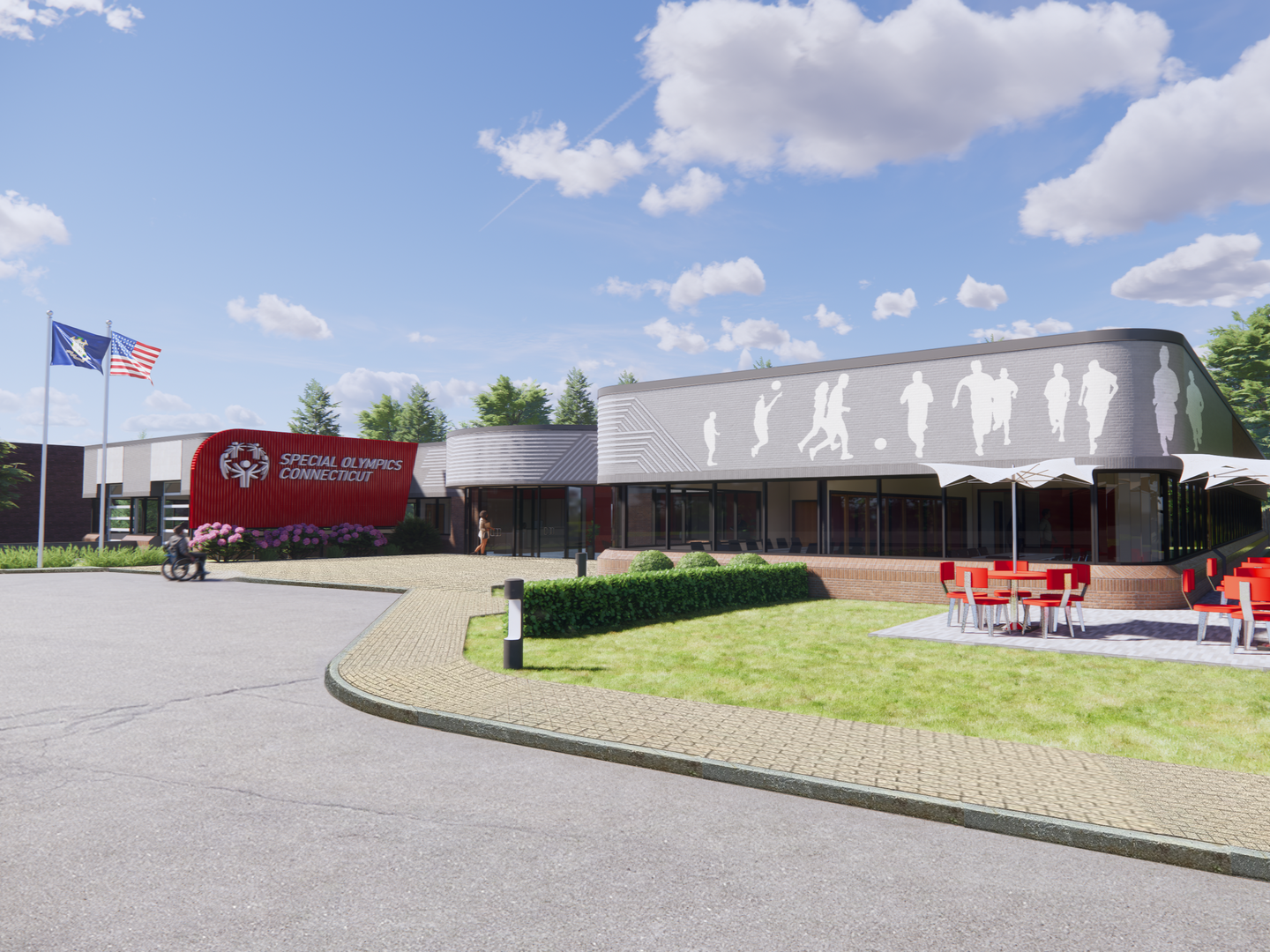 An artist 's impression of a red and white building
