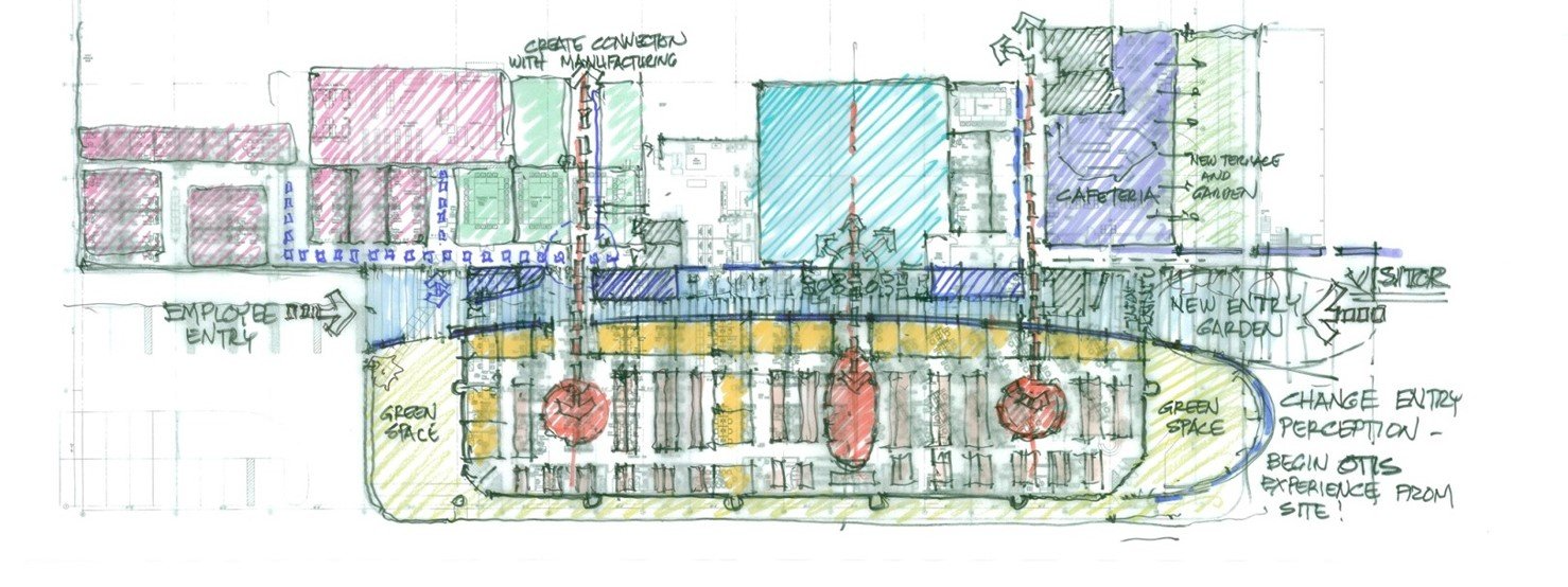 A drawing of a building with a lot of windows