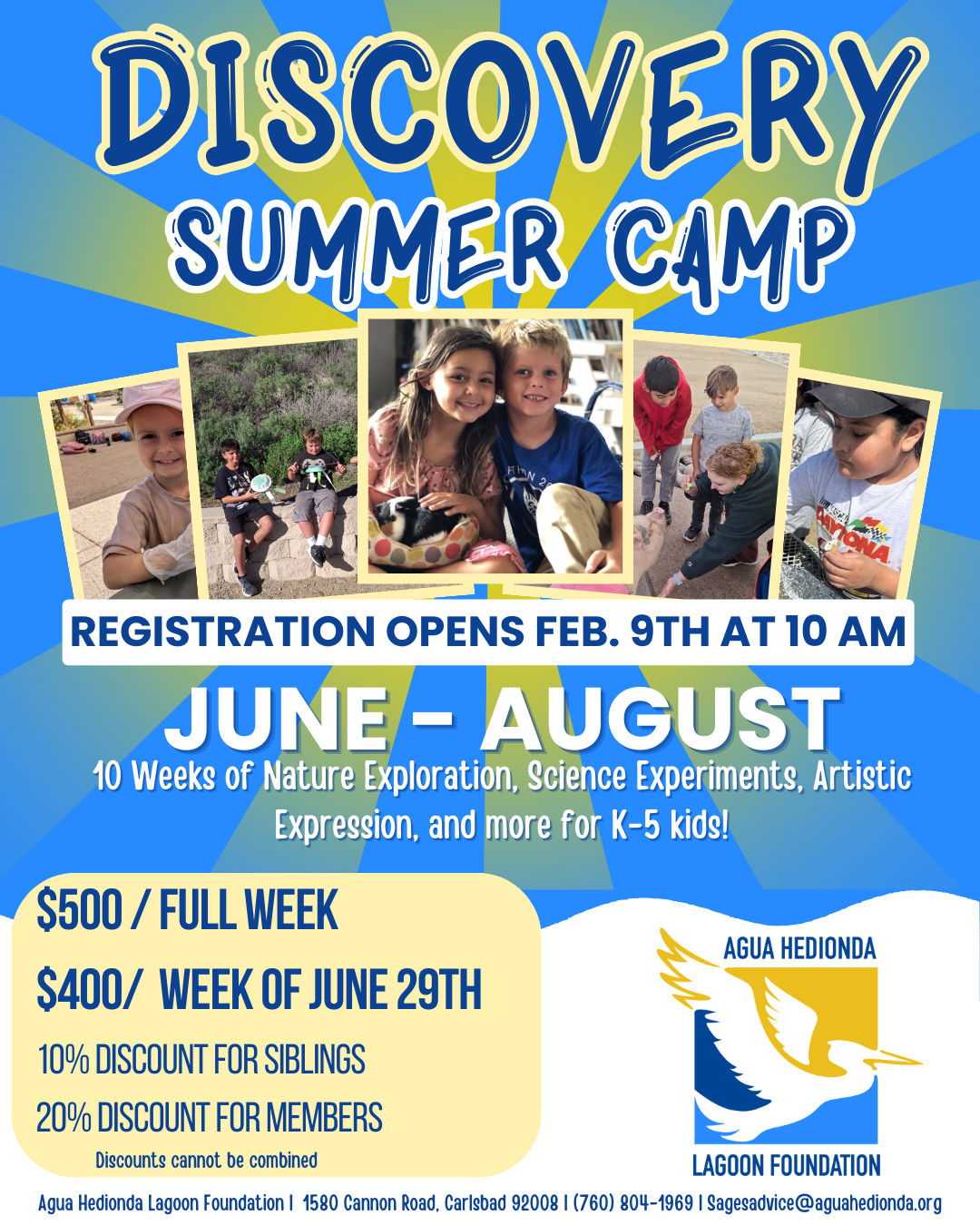 Summer camp flyer: Discovery camp, June-August. Registration opens Feb 9th. Nature exploration, science, art.