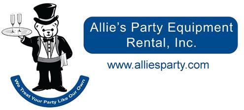 A bear in formal wear carrying champagne flutes; Allie's Party Equipment Rental Inc. logo with website address.