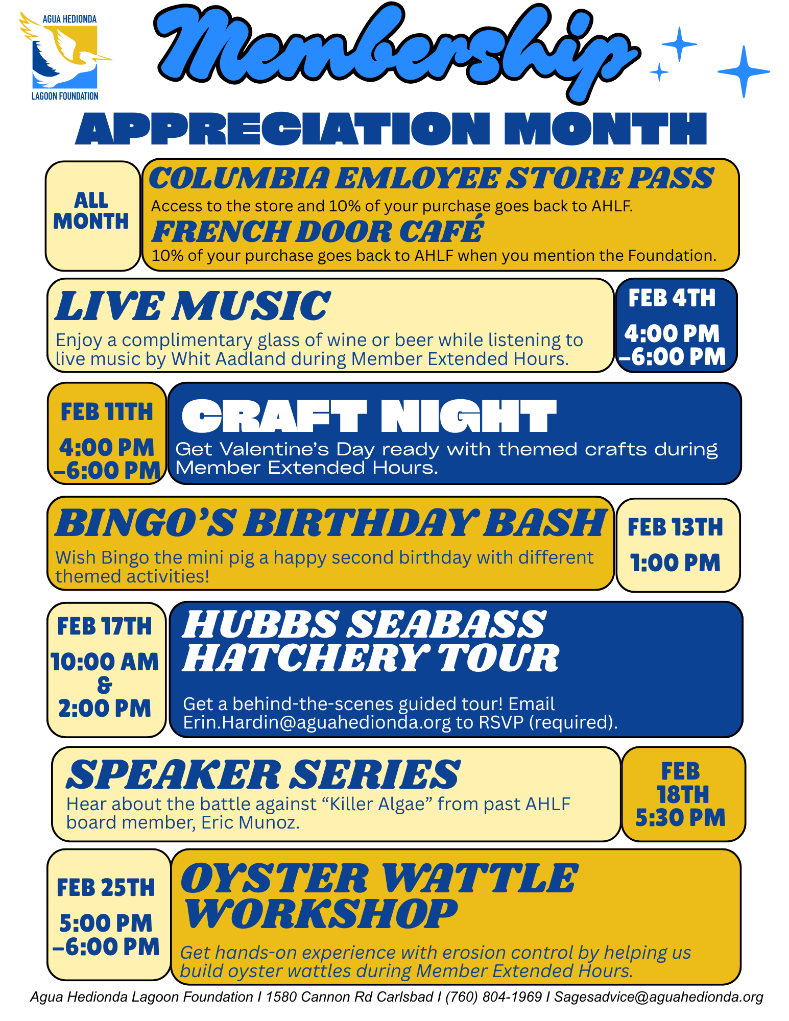 Membership Appreciation Month event flyer, featuring dates, times, and event descriptions.