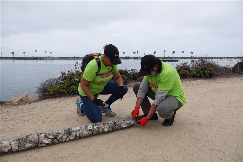 Two people in green shirts picking up trash along a waterfront path on a cloudy day.