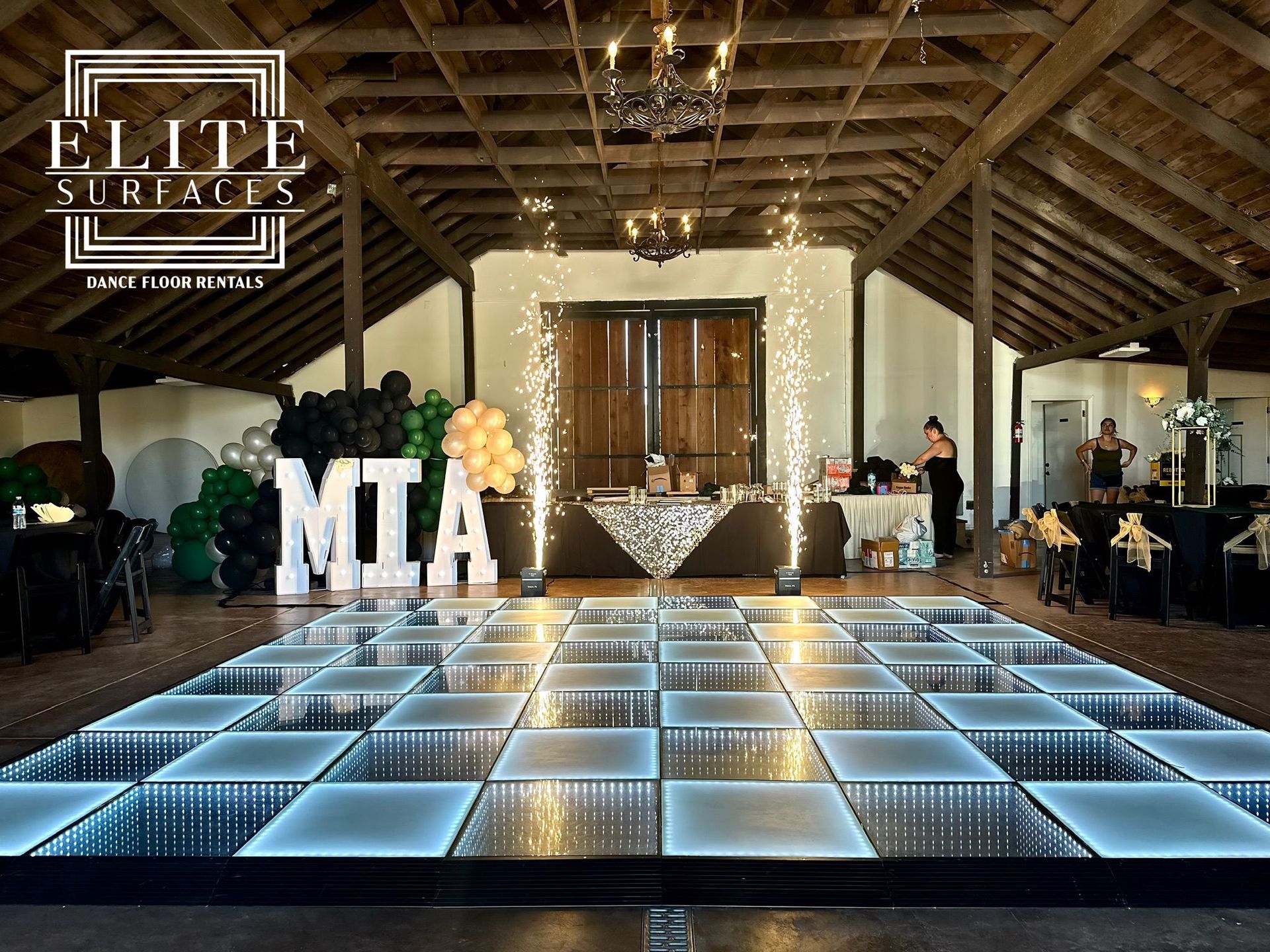 A dance floor with people in the background