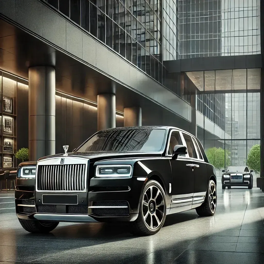 A black rolls royce is parked in front of a building