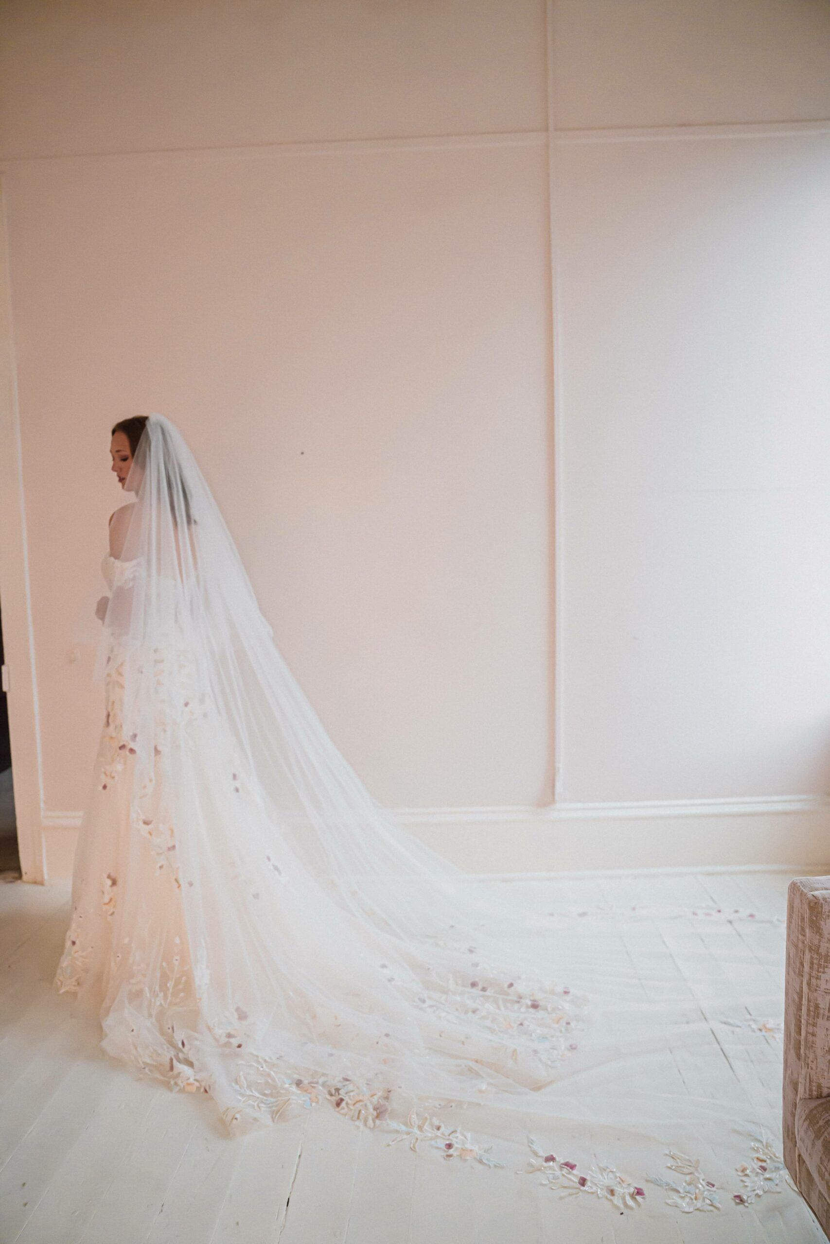 A woman in a wedding dress and veil is standing in a room.
