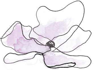 A black and white drawing of a purple flower on a white background.
