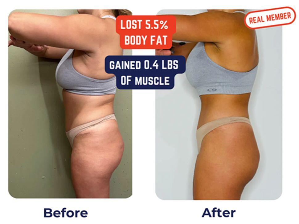 A picture of a woman before and after gaining 0.4 lbs of muscle