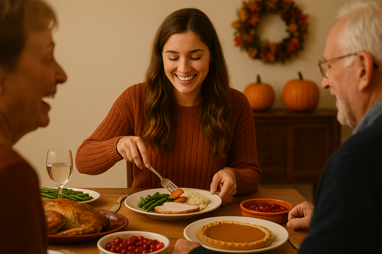 A woman is sitting at a table with her family eating thanksgiving dinner.