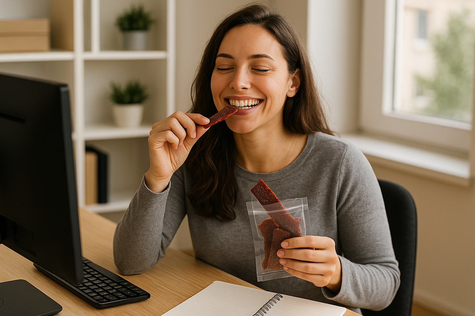 A woman is eating a piece of jerky while sitting at a desk in front of a computer.