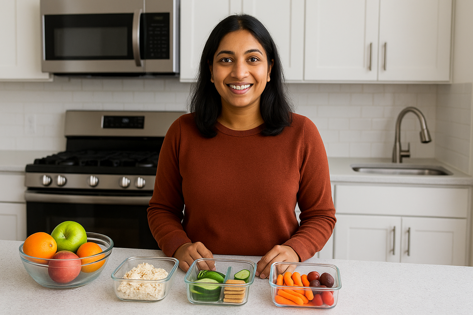 A woman is sitting at a kitchen counter with a bowl of fruit and vegetables.