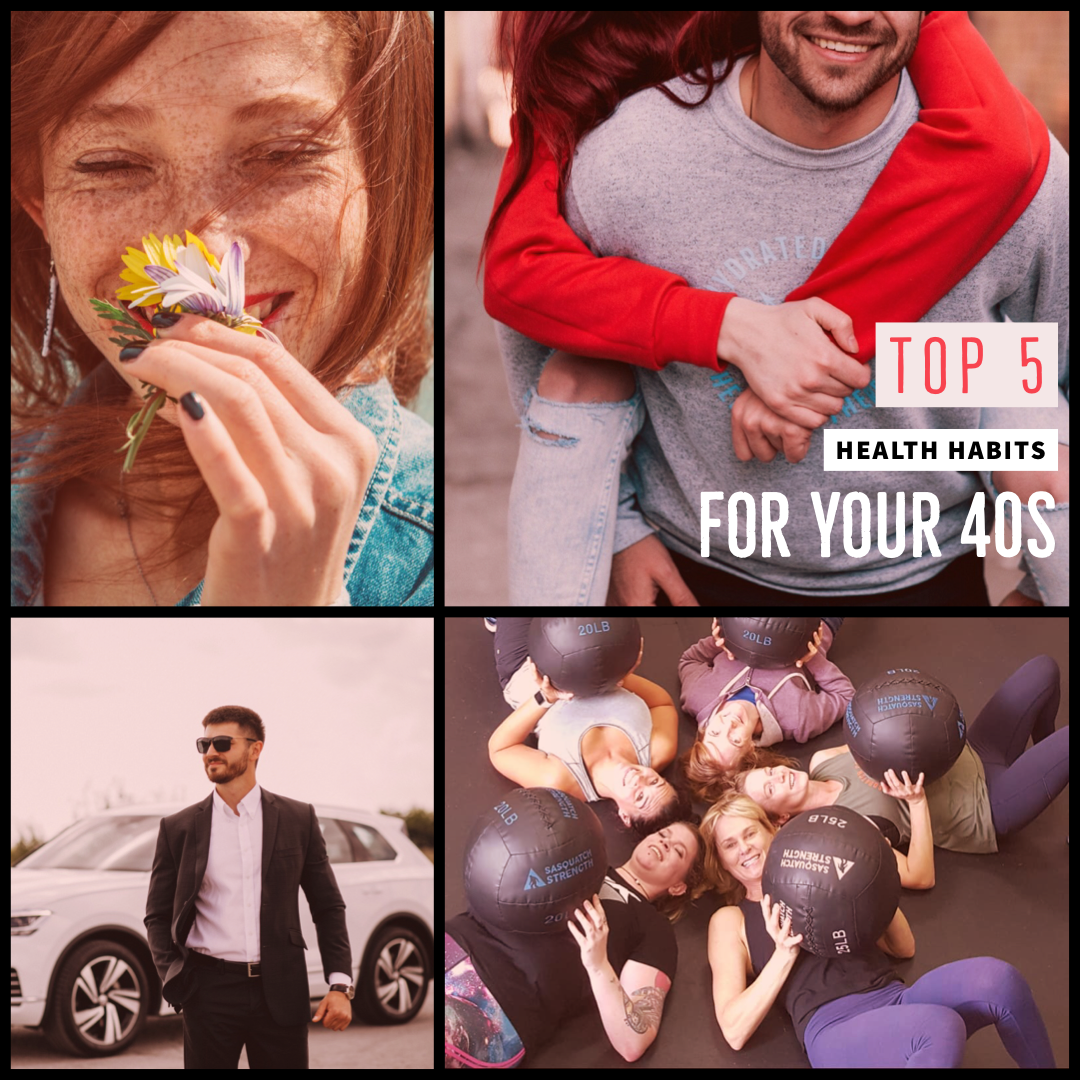 A collage of photos with the words top 5 health habits for your 40s