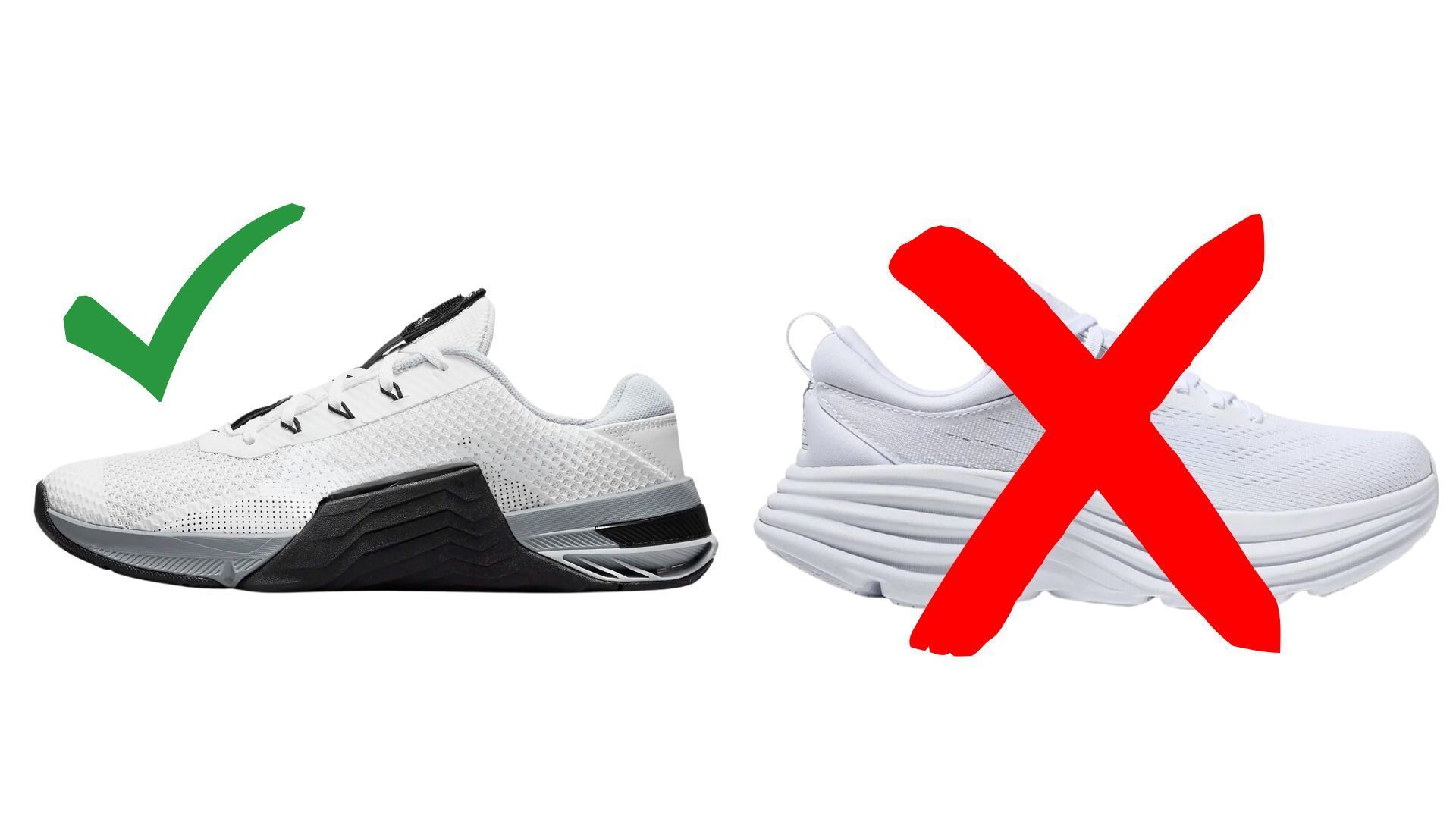 A pair of white sneakers with a green check mark and a red cross.