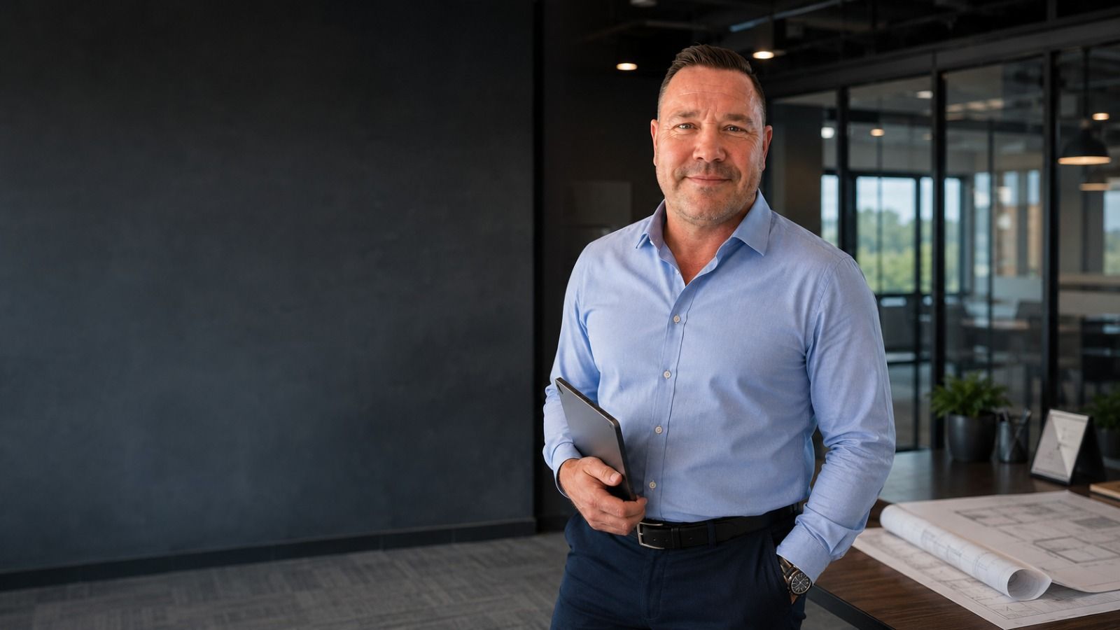 James Corrigan, Managing Director of 247 Asbestos Services, in a professional office environment
