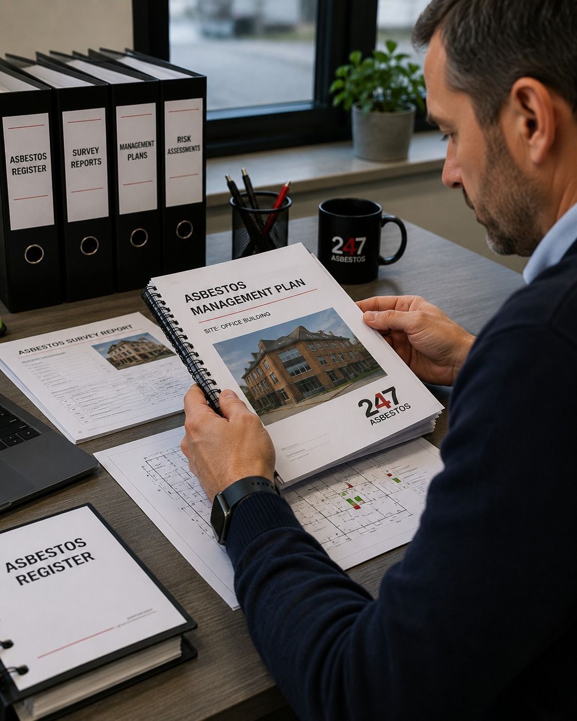 Duty holder reviewing an asbestos management plan and building survey documentation
