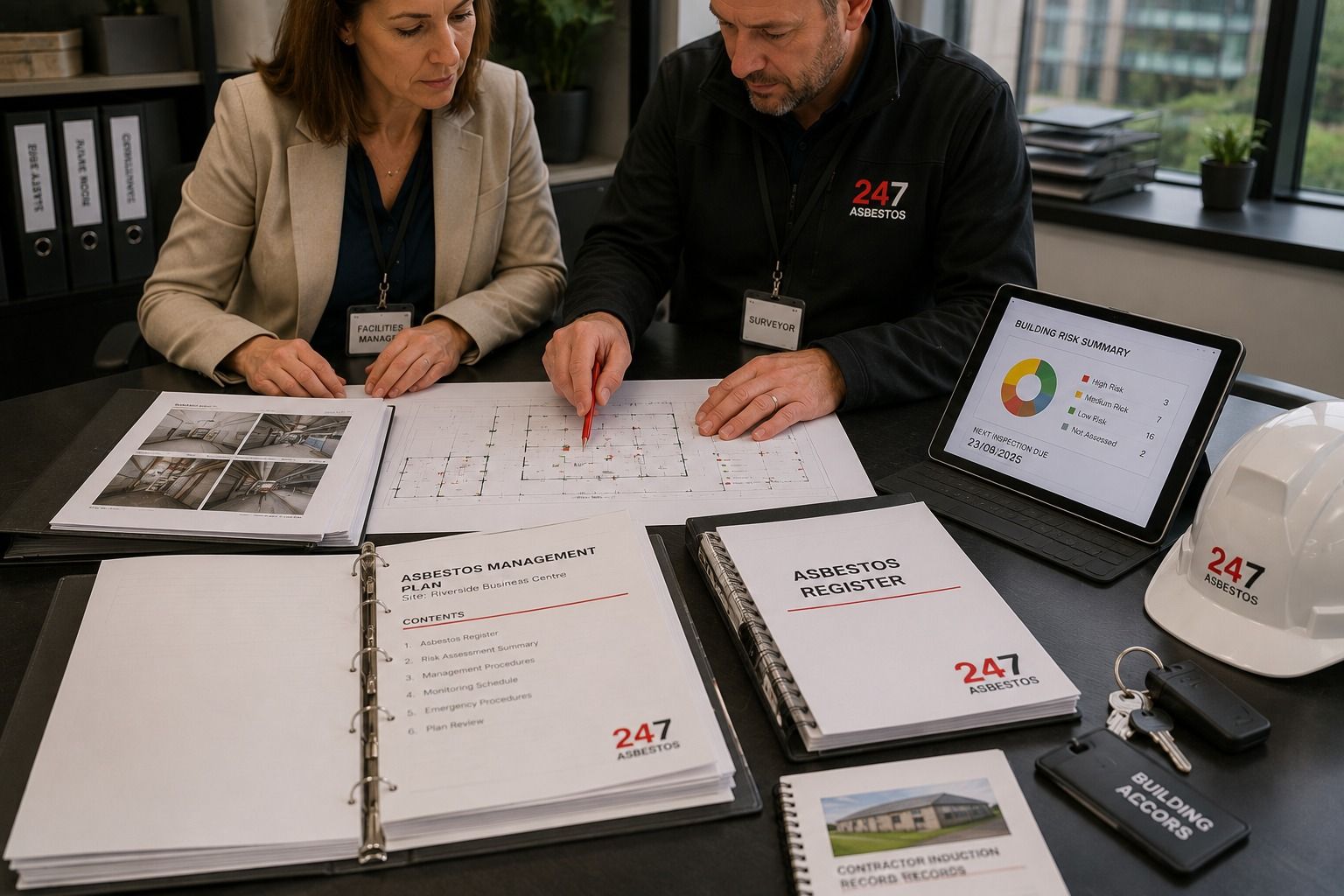 Facilities manager reviewing an asbestos management plan and building floor plans