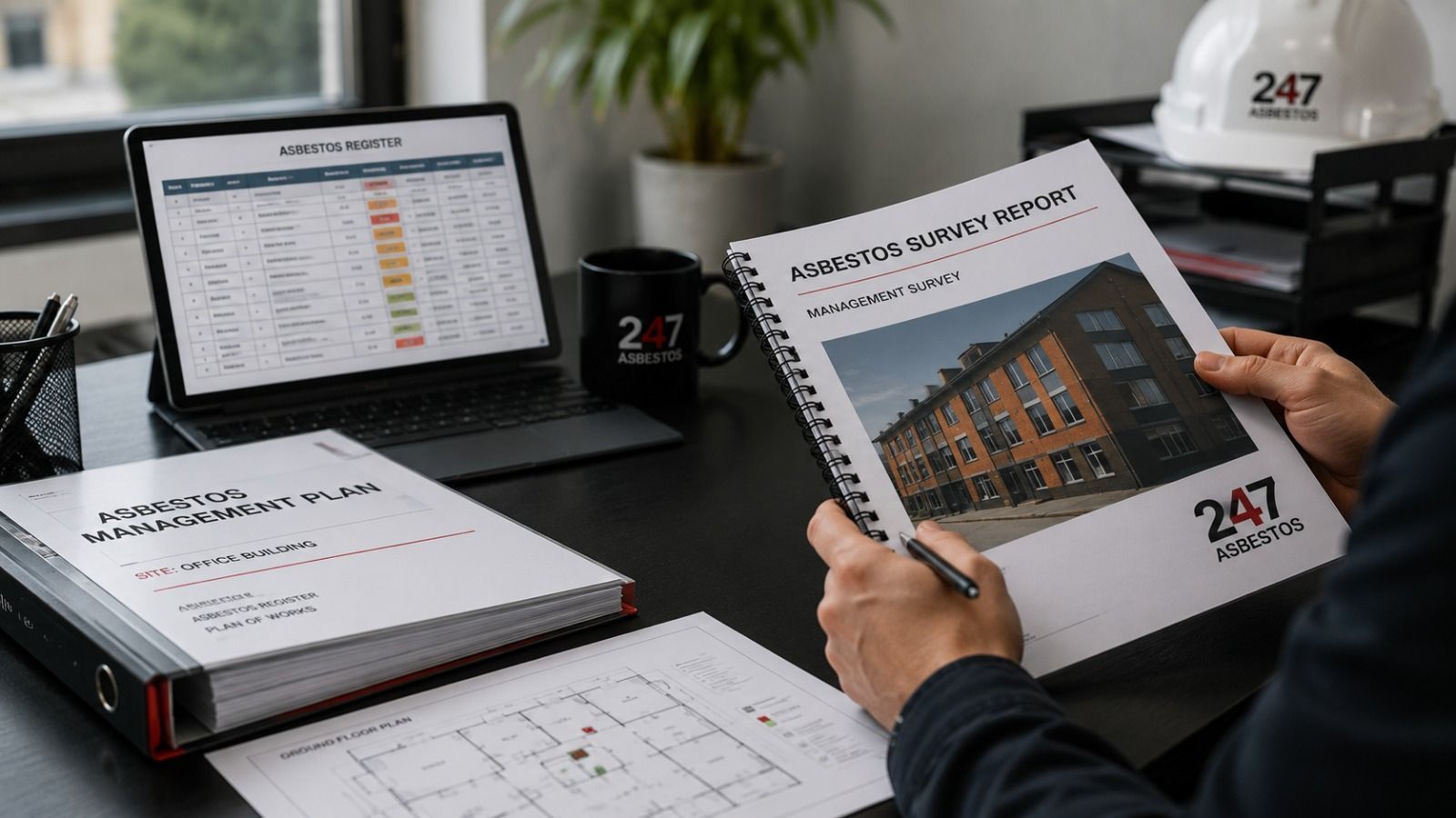 Asbestos management plan and asbestos survey report documents being reviewed by a property professional