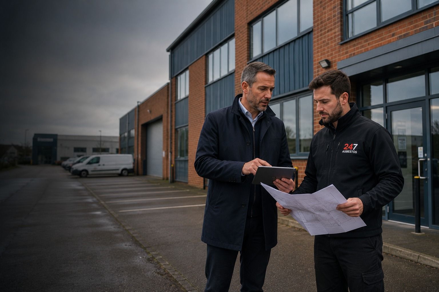 Commercial property manager and asbestos surveyor reviewing a business premises