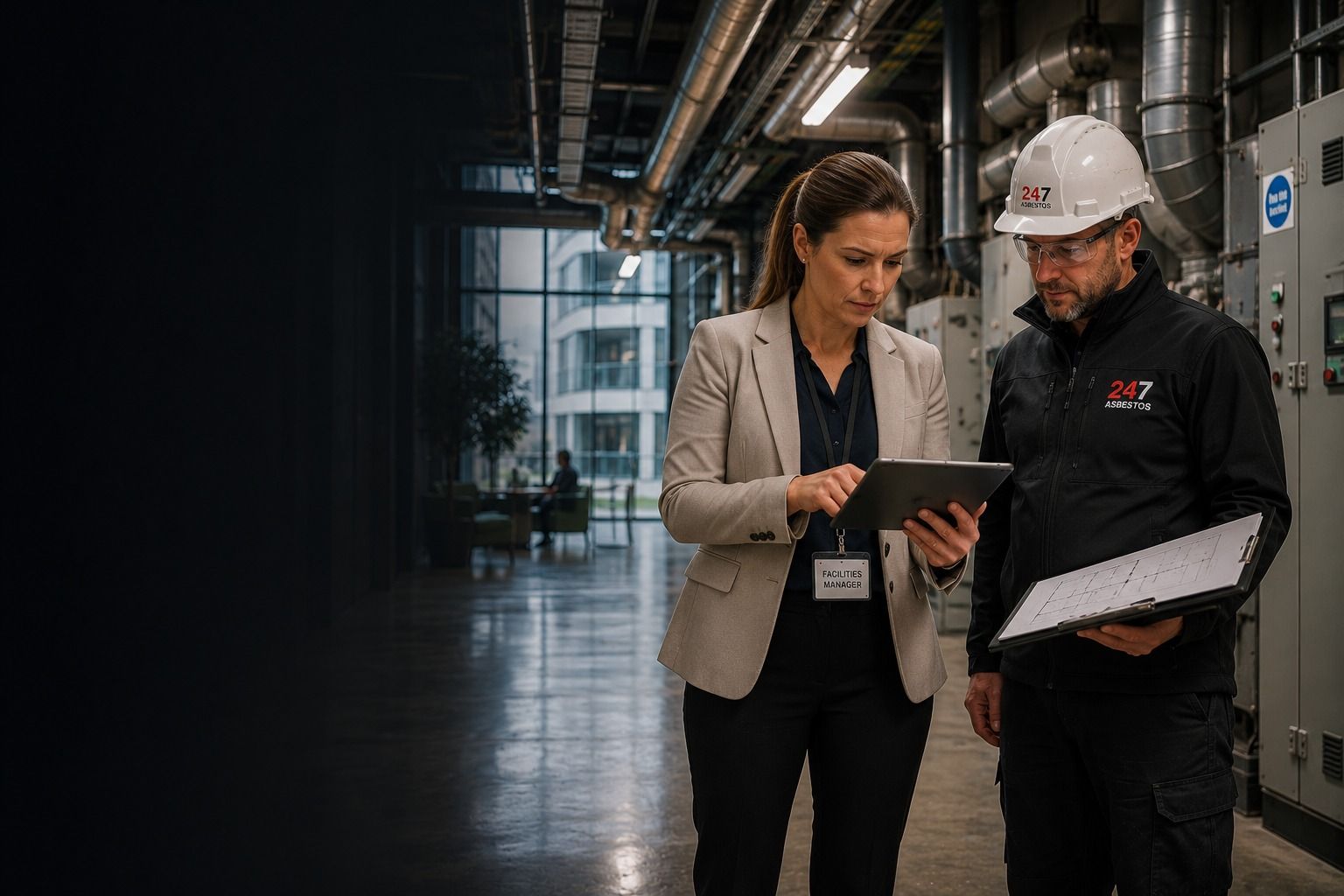 Female facilities manager and asbestos surveyor reviewing a managed commercial building