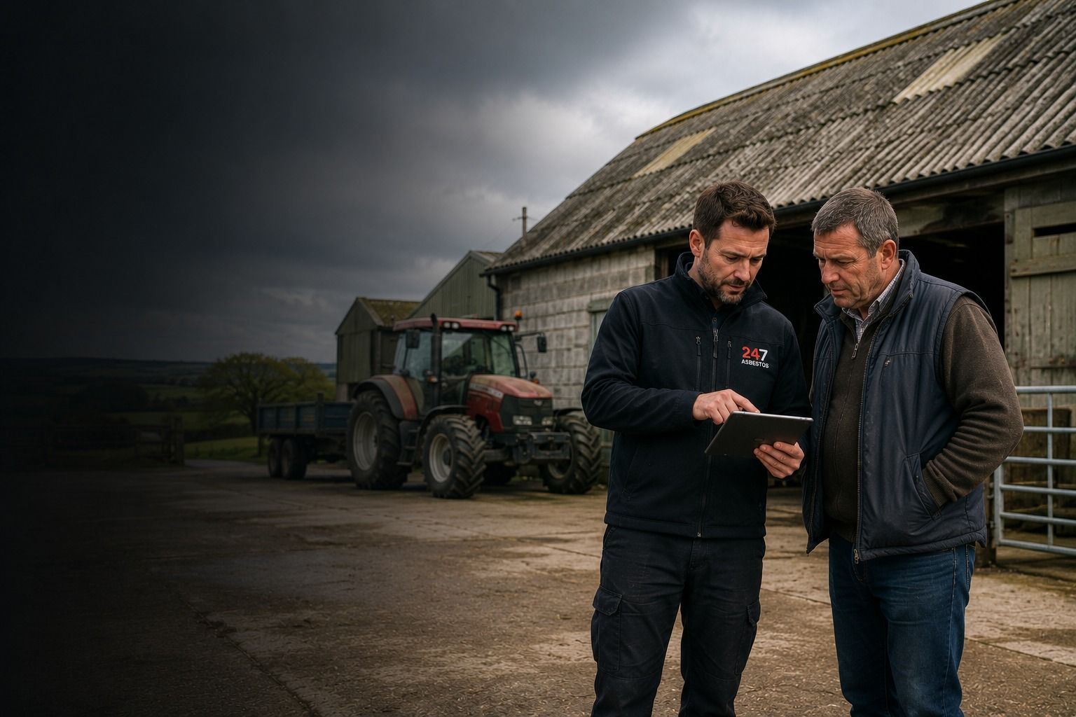 Farmer and asbestos surveyor reviewing an older agricultural building with corrugated roofing