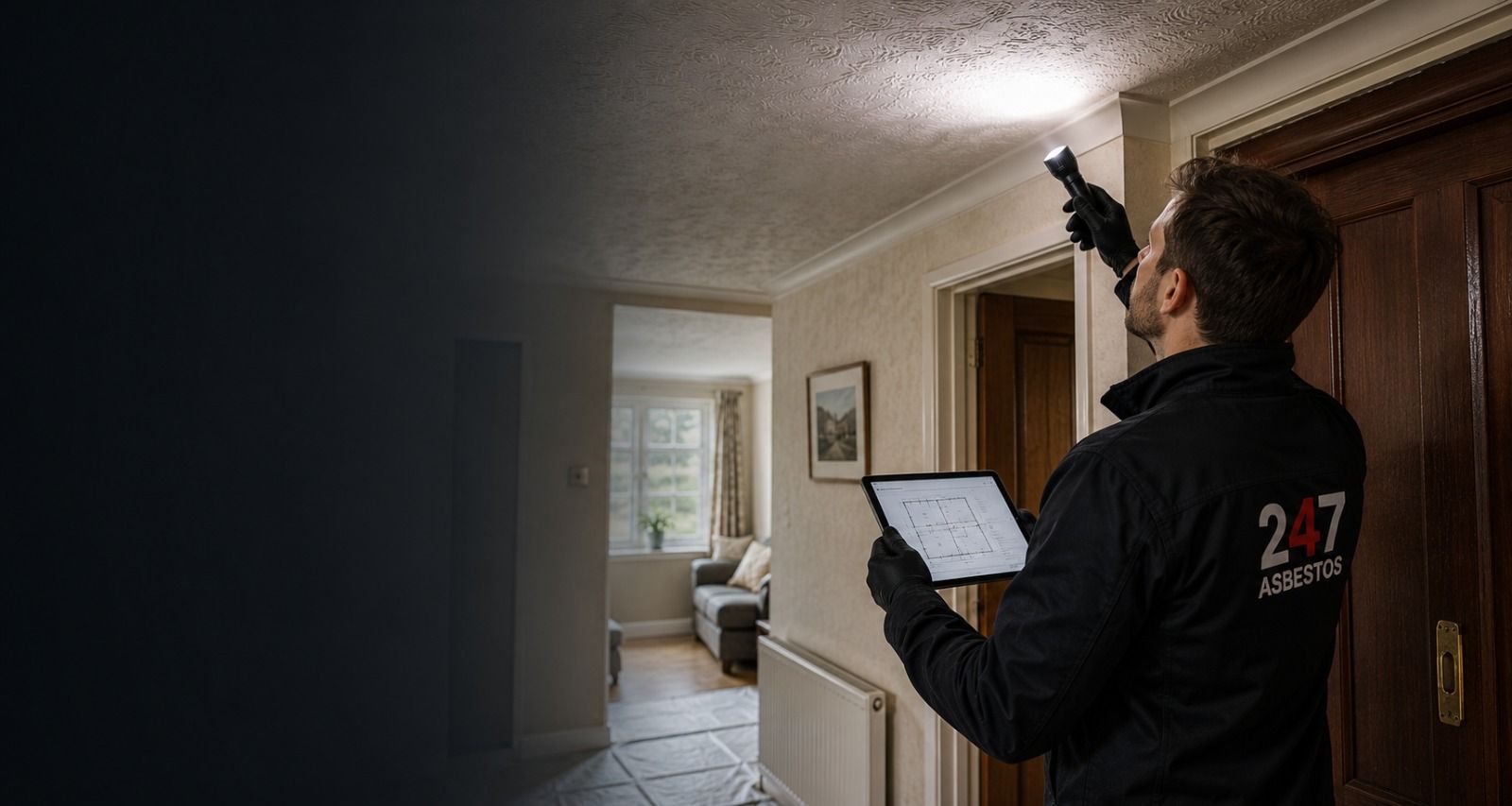 Qualified asbestos surveyor inspecting a textured ceiling inside an older UK home