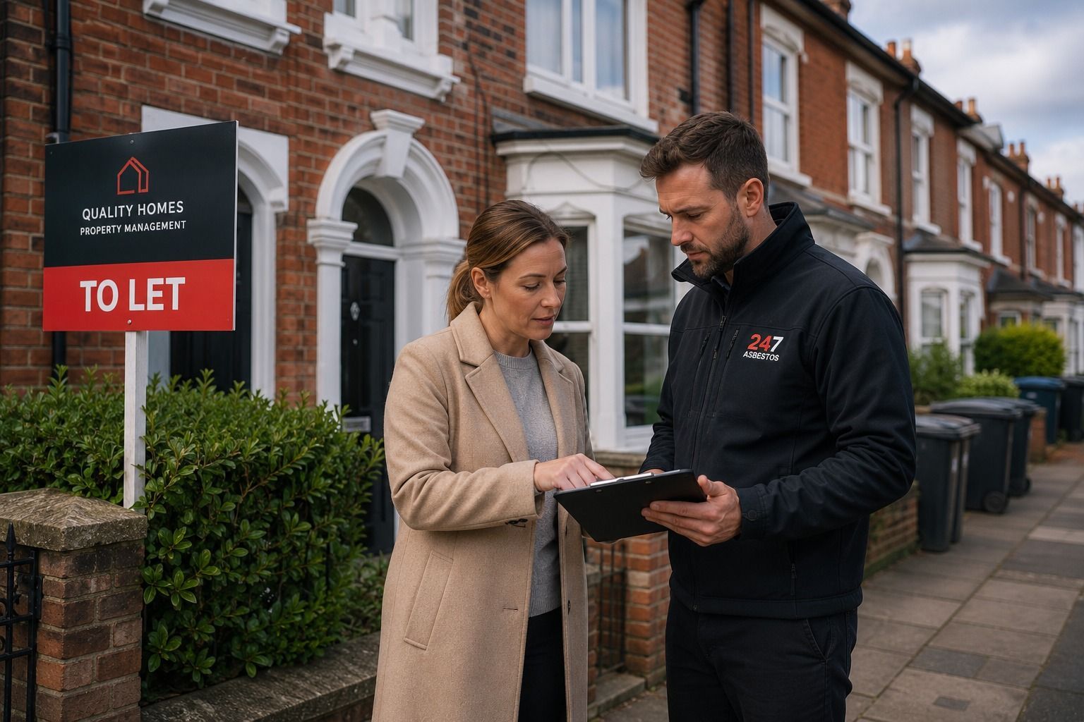 Landlord and property manager discussing asbestos survey requirements outside a UK rental property