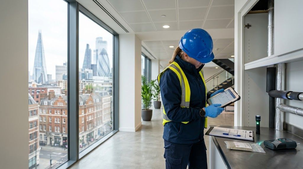 Independent asbestos survey inspection in a London commercial property with the city skyline in the background
