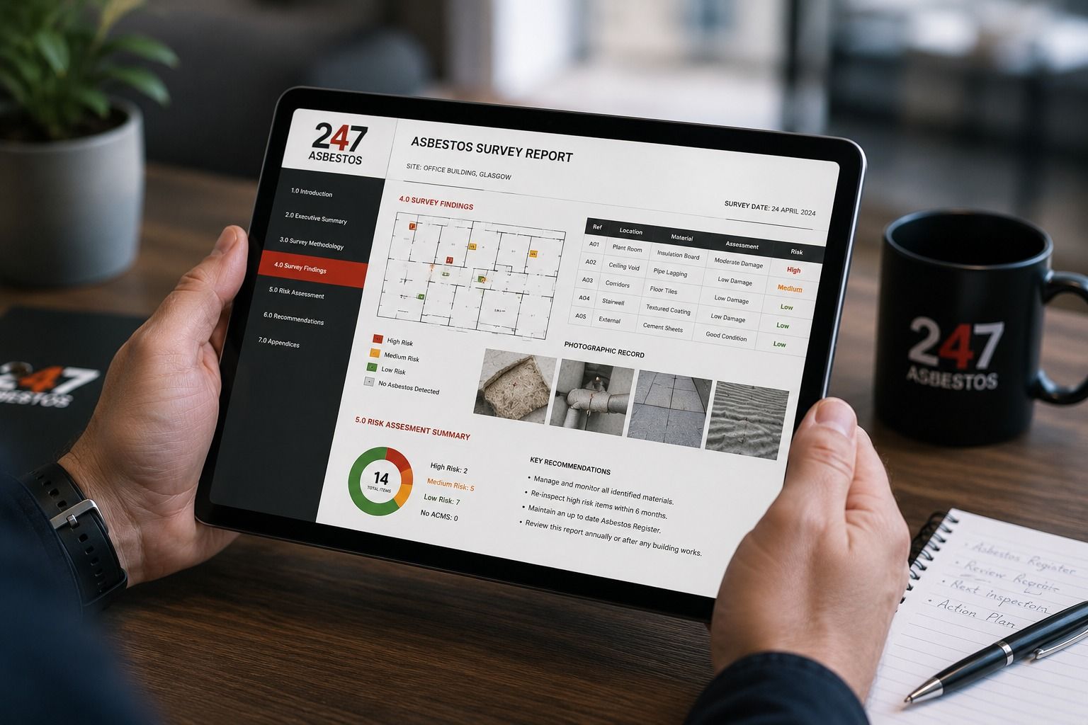 Digital asbestos survey report showing identified materials, photographs and risk information