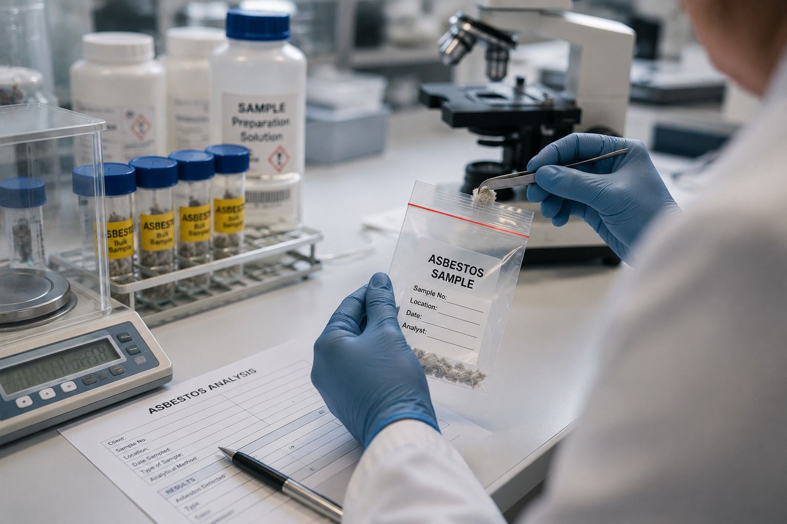 Laboratory technician preparing a managed building material sample for asbestos analysis