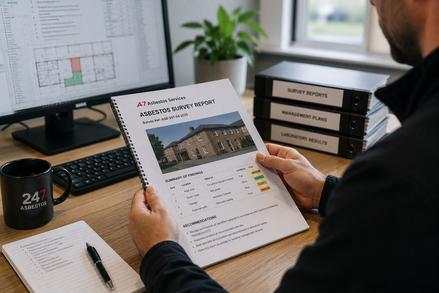 Asbestos survey report with building findings, photographs and management recommendations