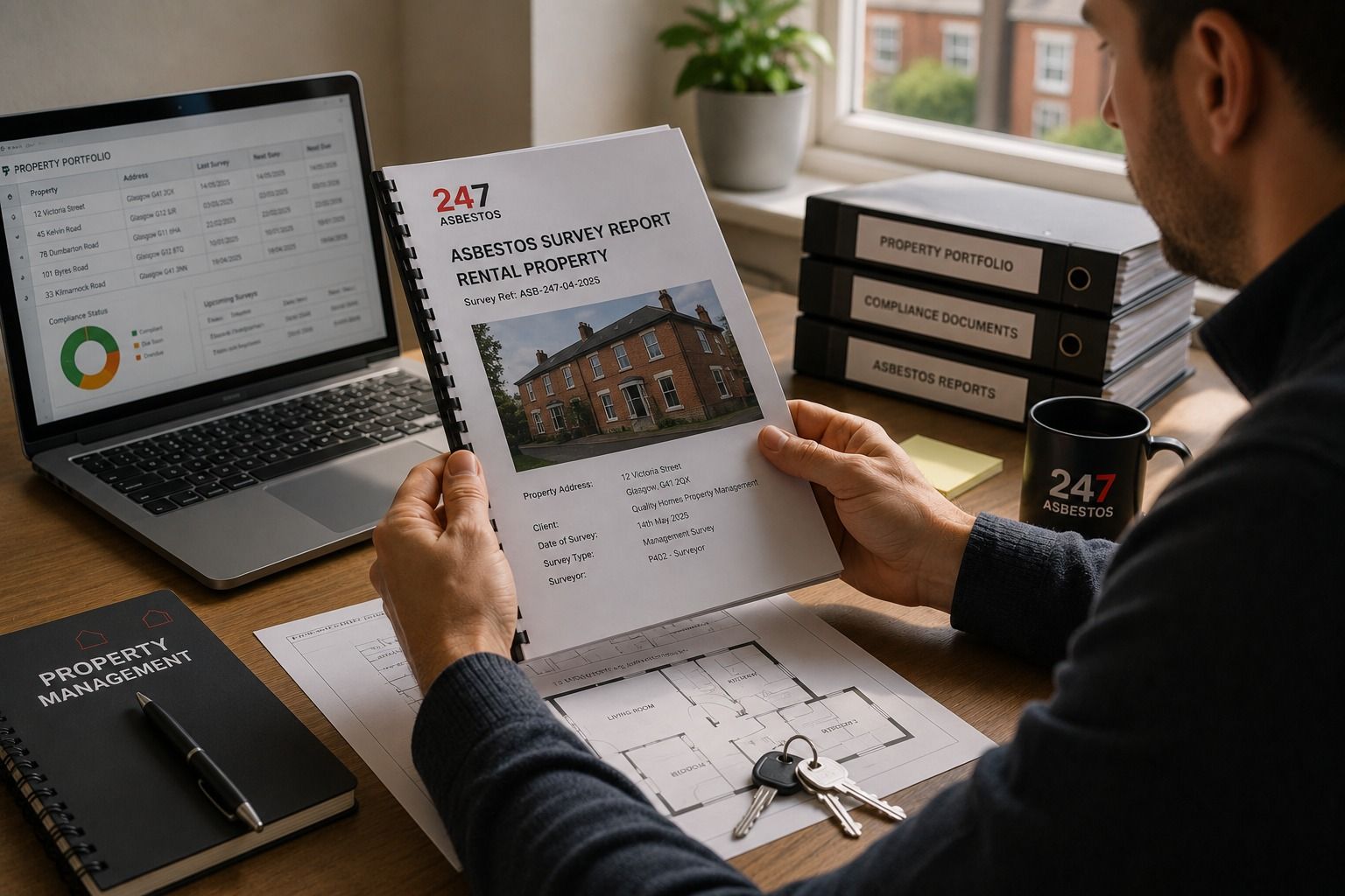 Landlord reviewing an asbestos survey report and rental property floor plan