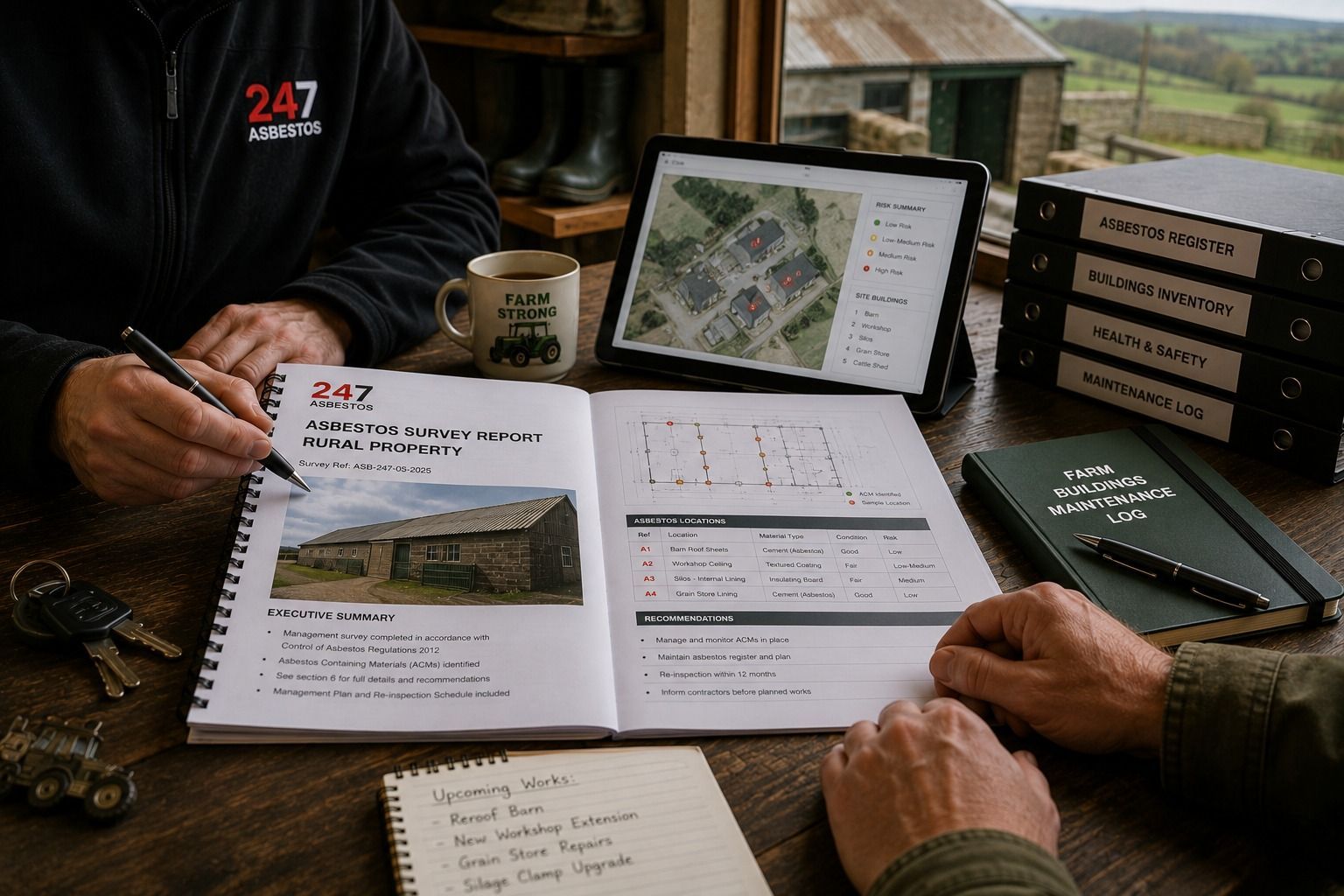 Asbestos survey report with rural building plans, sample records and farm property notes