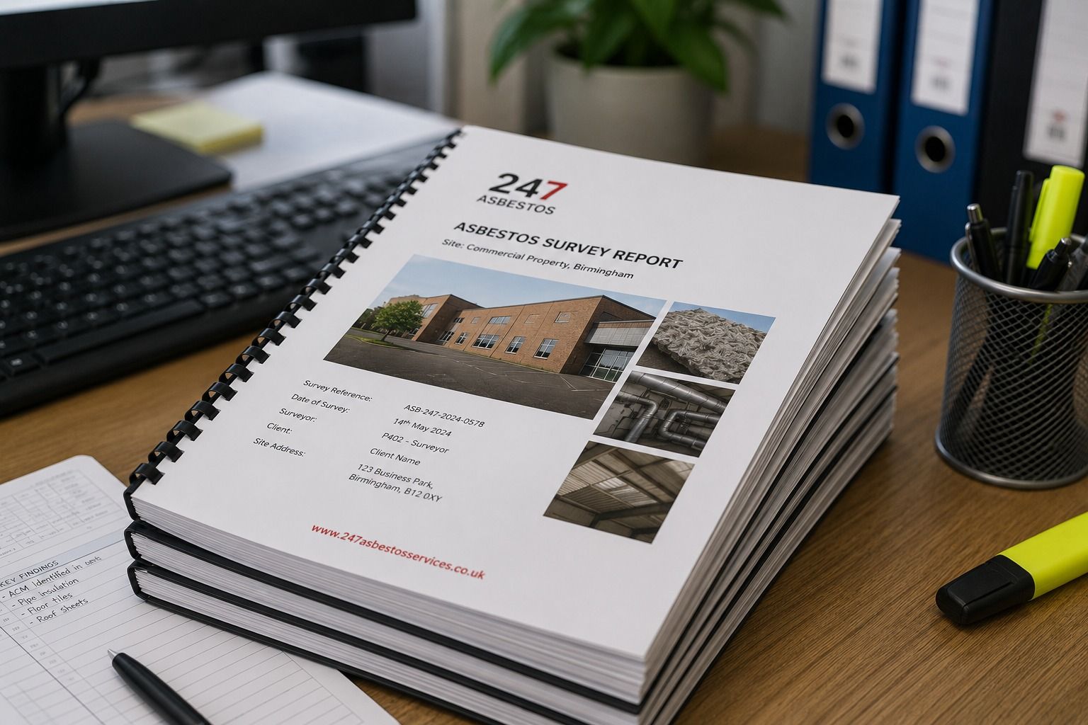 Completed asbestos survey reports containing property findings and inspection photographs