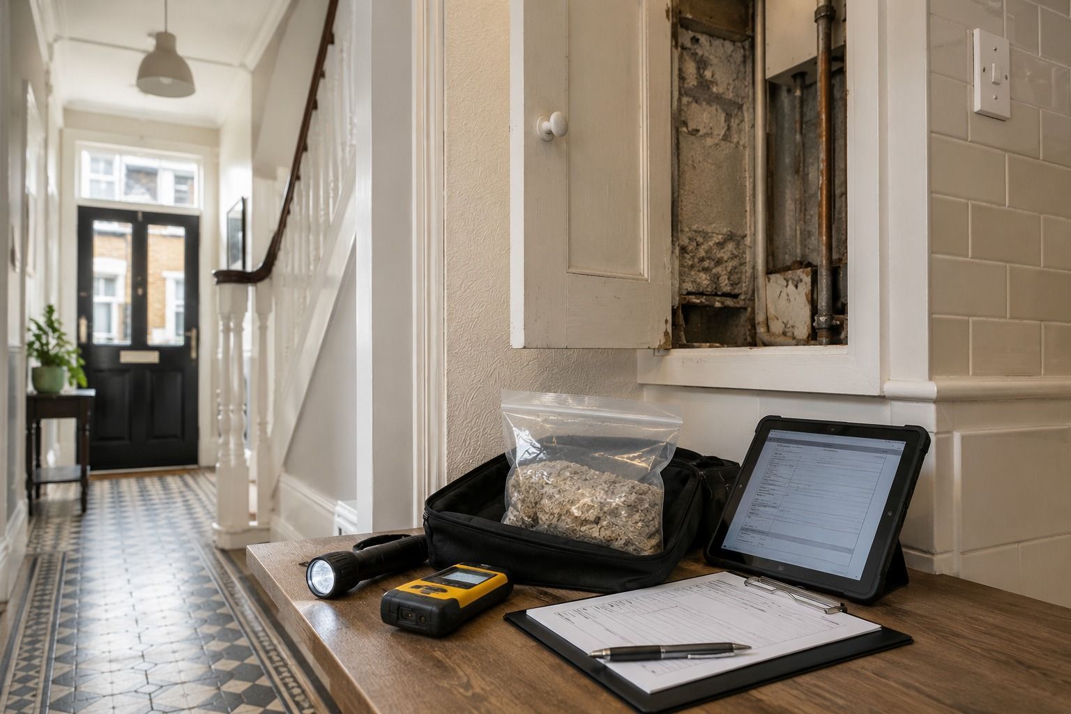 Asbestos survey inspection in an older London rental property for a homeowner or landlord