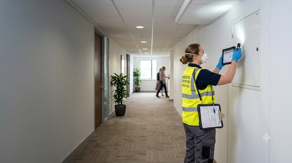 Qualified asbestos surveyor inspecting accessible areas during a management asbestos survey