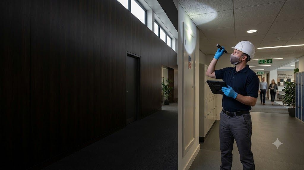 Asbestos surveyor carrying out a management asbestos survey in an occupied commercial building