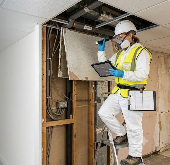 Asbestos surveyor carrying out a refurbishment and demolition asbestos survey before building works