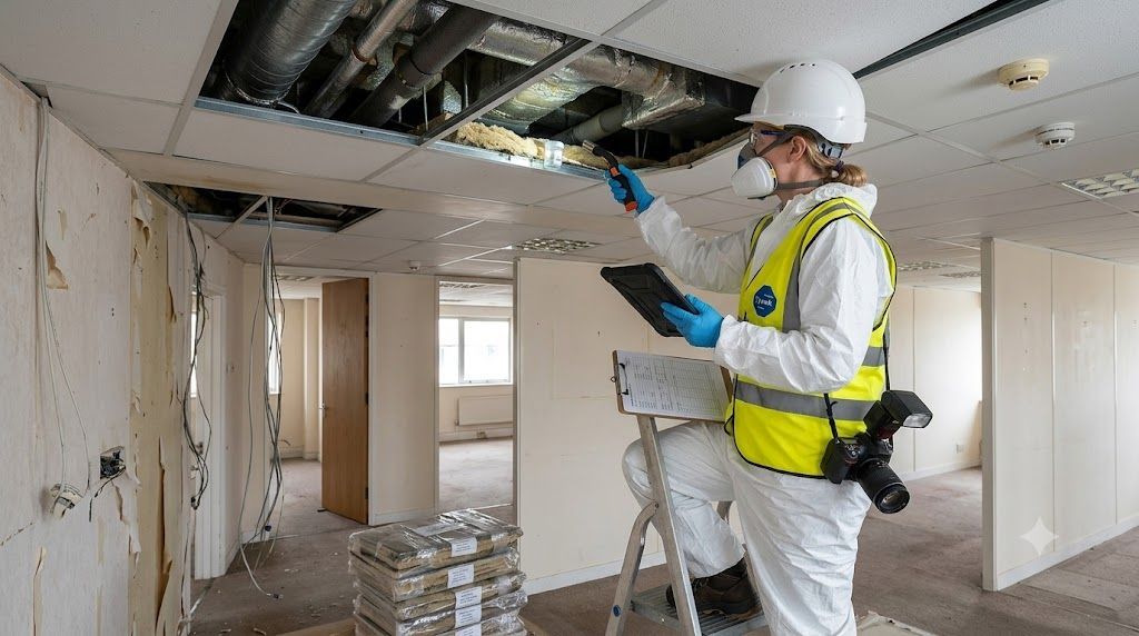 Asbestos surveyor carrying out an intrusive refurbishment and demolition asbestos inspection before building works