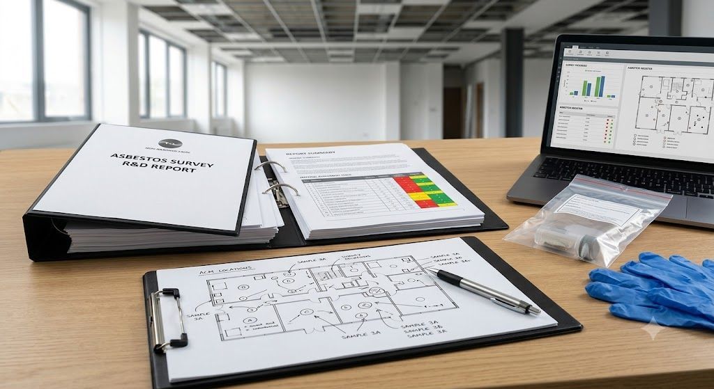 Refurbishment and demolition asbestos survey report displayed on a laptop