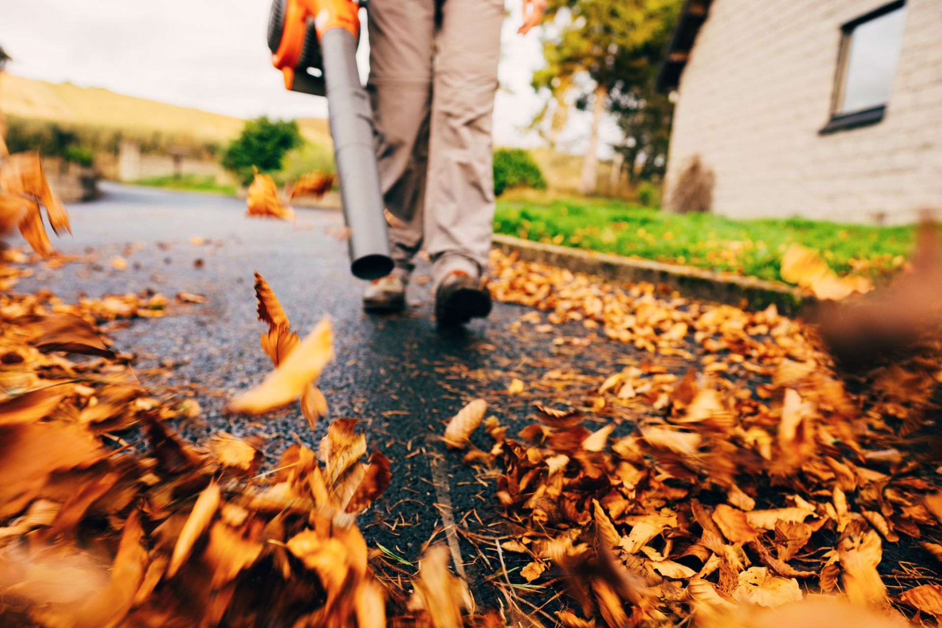 A person is blowing leaves on the sidewalk with a leaf blower.