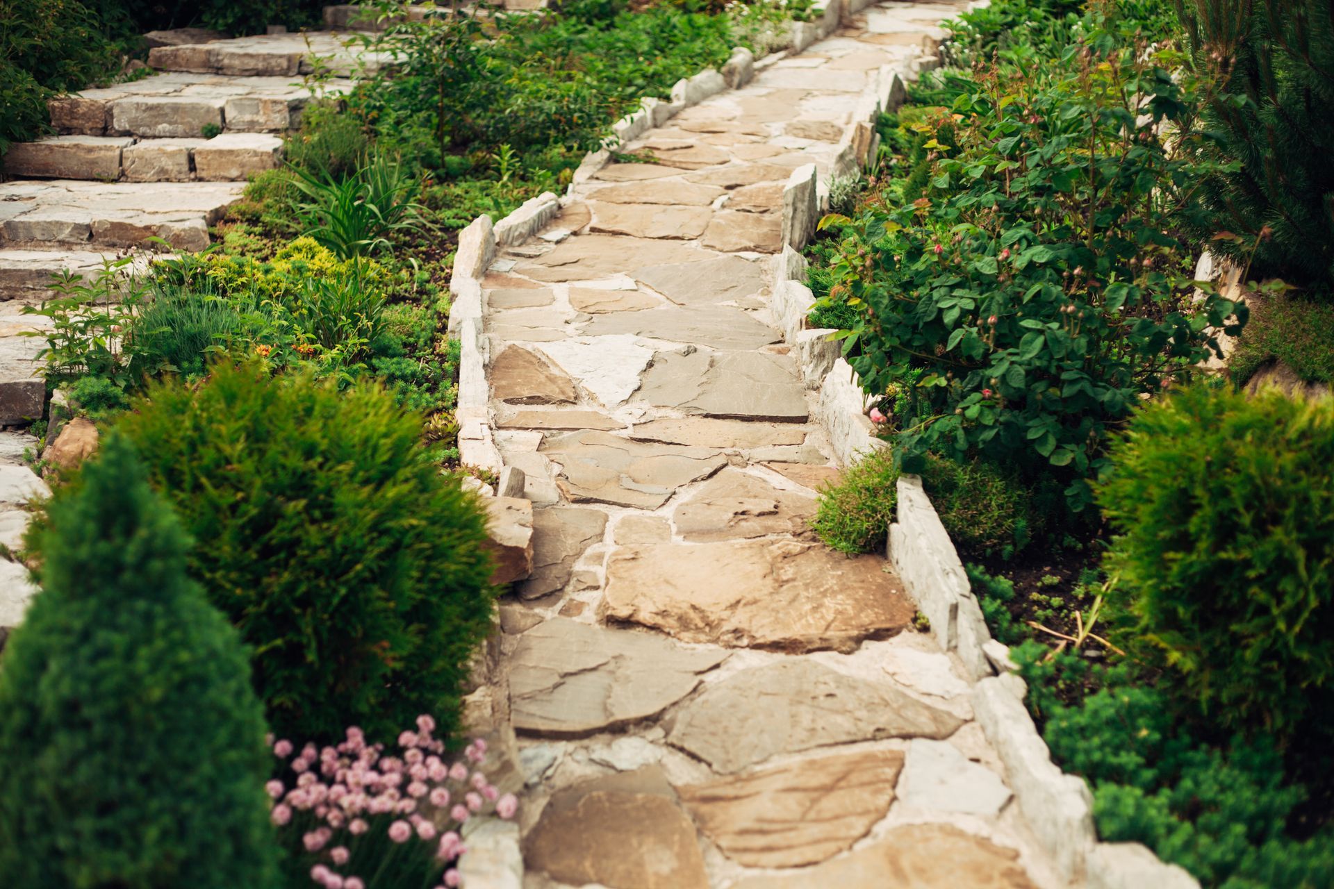 A stone path in a garden surrounded by plants and flowers.
