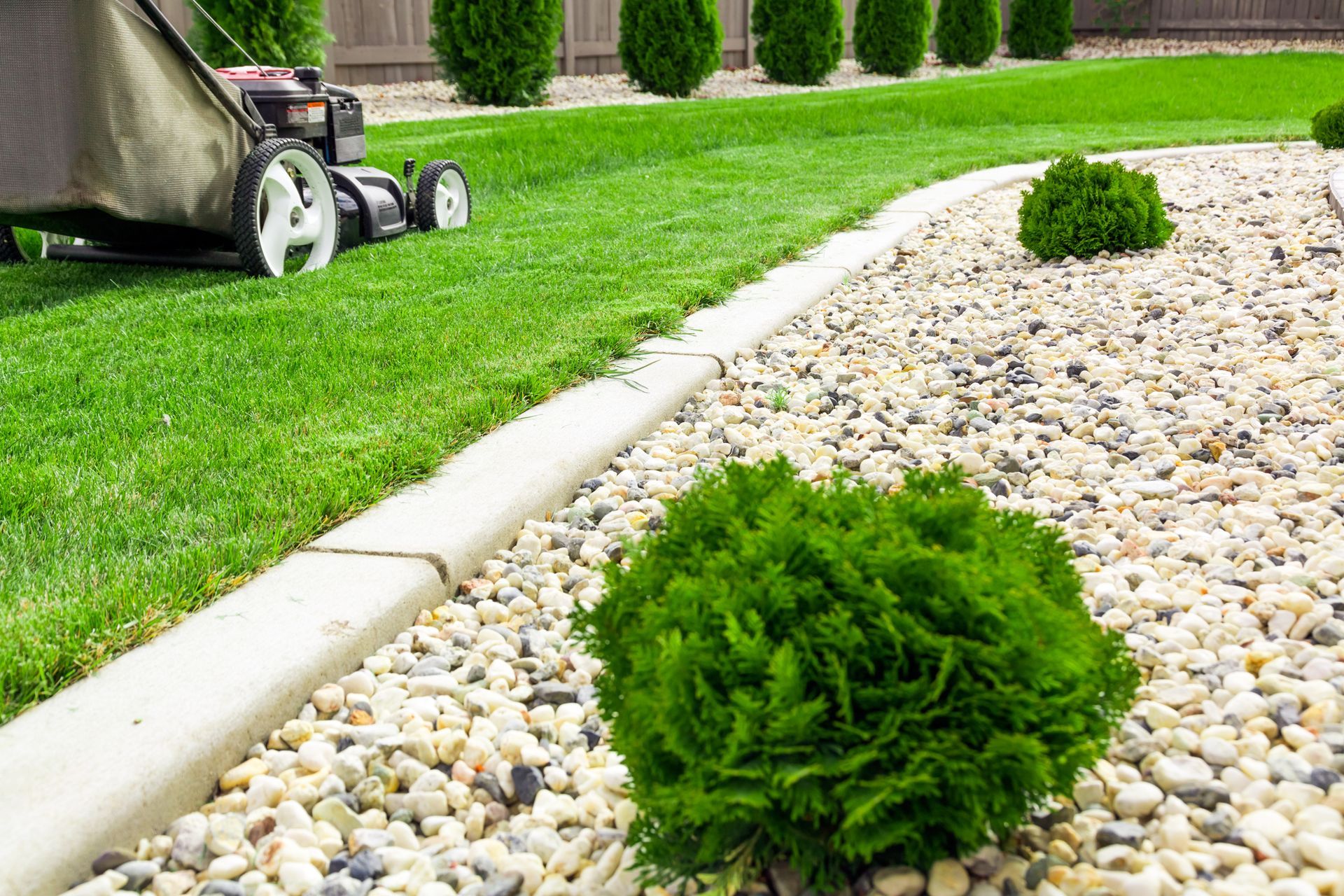 A lawn mower is cutting a lush green lawn.